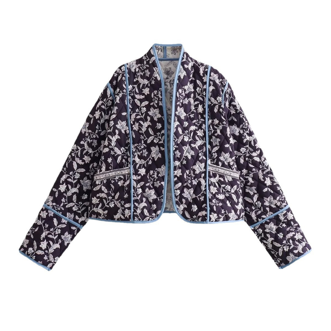 Women Quilted Cropped Puffer Jacket with Floral All-Over Pattern and Contrasting Piping Mune Fashion