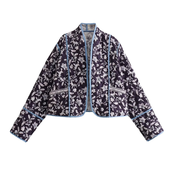 Women Quilted Cropped Puffer Jacket with Floral All-Over Pattern and Contrasting Piping Mune Fashion