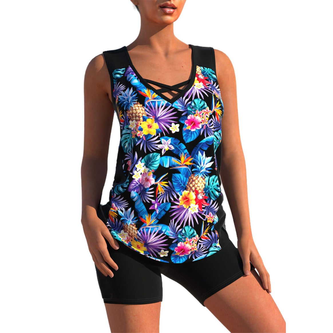 Women's sporty tankini two-piece with V-neck and crossed chest straps Mune Fashion