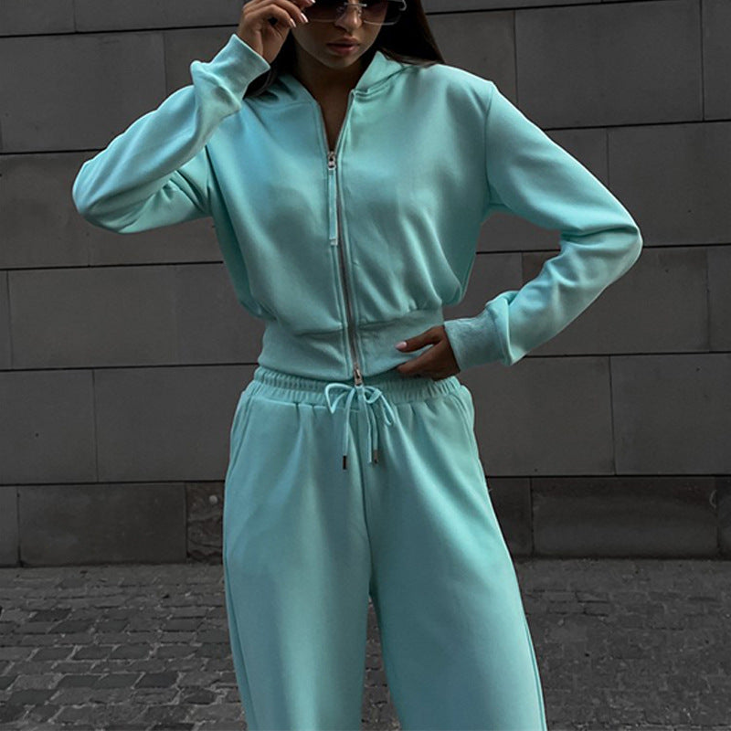 Women Two-Piece Loungewear Set with Short Zip Bomber and Wide High-Waist Palazzo Pants Mune Fashion