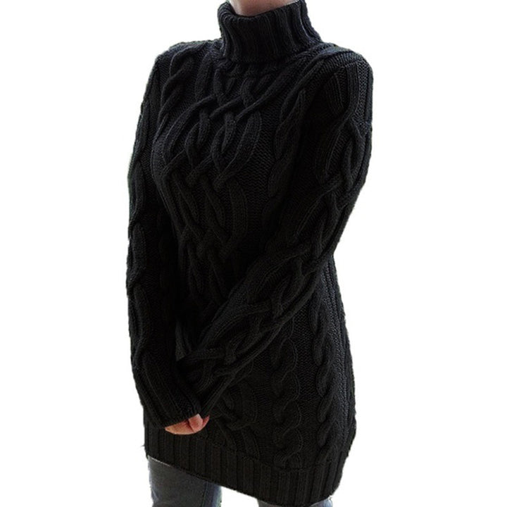 Women Oversized Knit Dress with Distinctive Cable Pattern and Turtleneck Mune Fashion