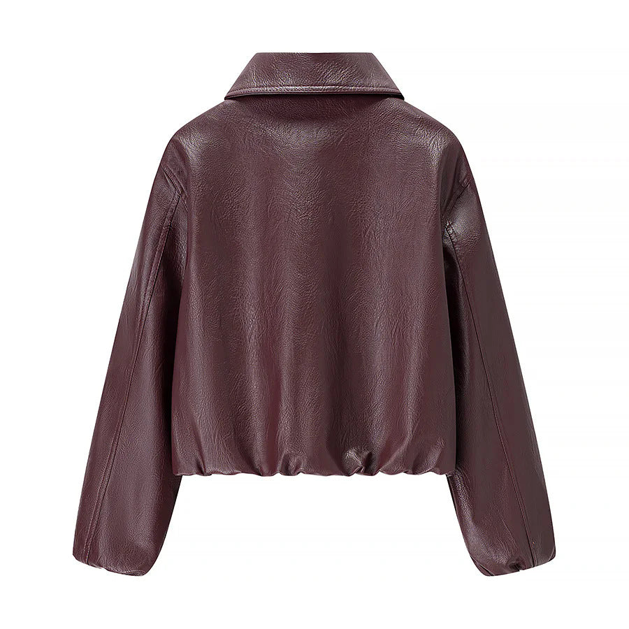 Women nan cropped shiny faux leather bomber jacket with shirt collar and elastic hem Mune Fashion