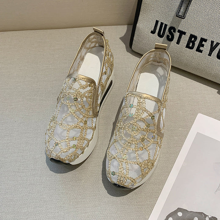 Women's Elegant Wedge Slippers with Transparent Mesh, Sequin Embroidery and Cushioning Platform Sole Mune Fashion