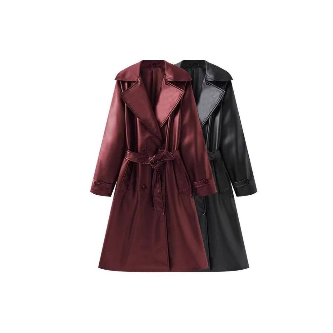 Women's Long Shiny Trench Coat Transition Jacket in Leather Look with Waist Belt Mune Fashion