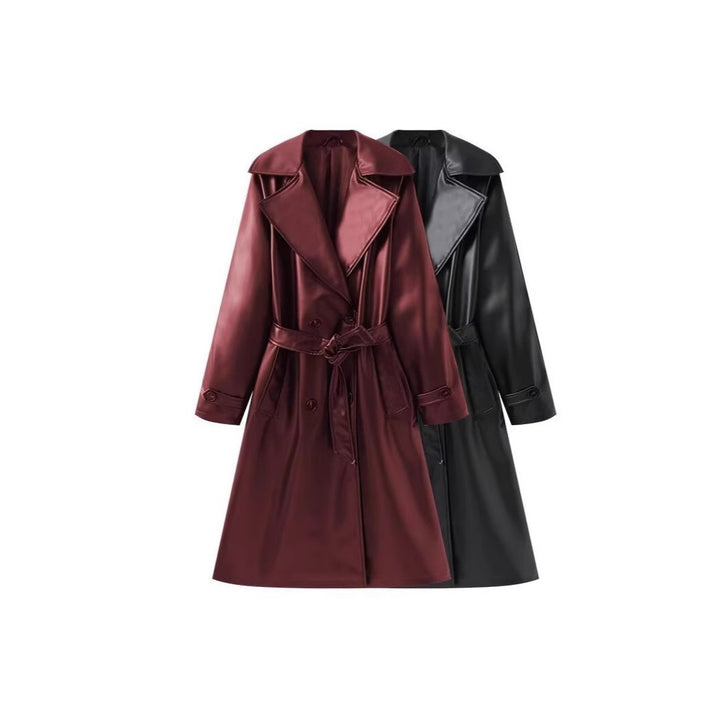 Women's Long Shiny Trench Coat Transition Jacket in Leather Look with Waist Belt Mune Fashion