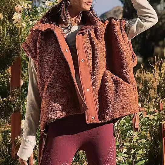 Women's Oversized Teddy Fleece Vest with Hood and Snap Buttons Mune Fashion