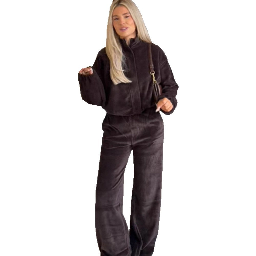 Women's Velvet Relax Set with Zipper Jacket, Stand-up Collar & High-Waist Wide-Leg Pants Mune Fashion