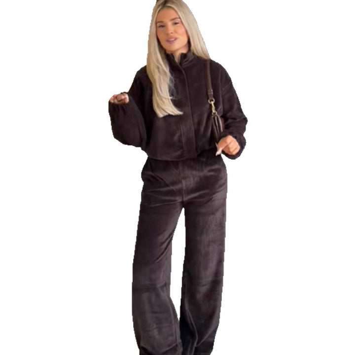 Women's Velvet Relax Set with Zipper Jacket, Stand-up Collar & High-Waist Wide-Leg Pants Mune Fashion