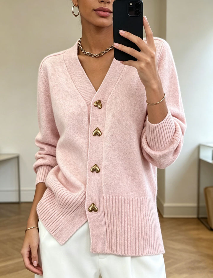 Women Oversize V-Neck Knit Cardigan with Heart-Shaped Decorative Buttons Mune Fashion