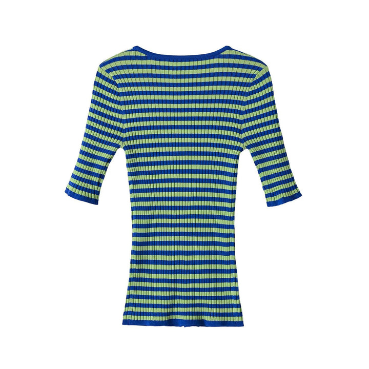 Women Ribbed Short Sleeve Button Cardigan with Deep Round Neck and Figure-Hugging Fit Mune Fashion