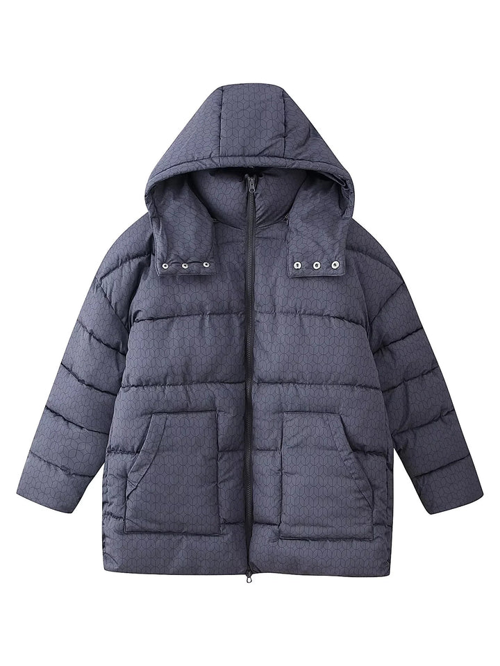 Women's non-quilted hooded jacket with graphic quilted pattern, two-way zipper and oversized pockets Mune Fashion