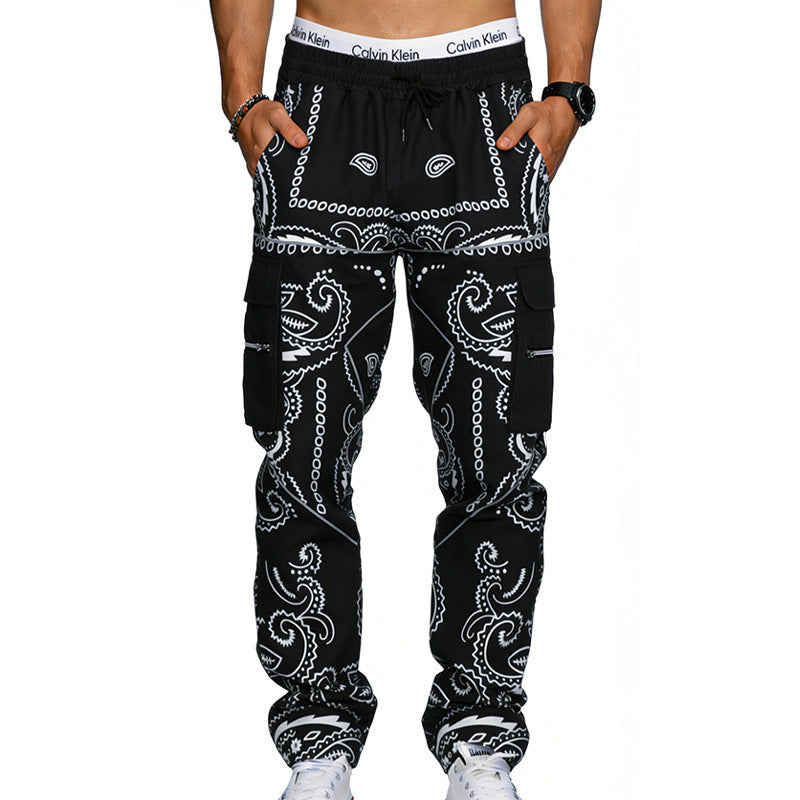 Men's cargo pants with bandana print, elastic waistband, and zipper pockets Mune Fashion