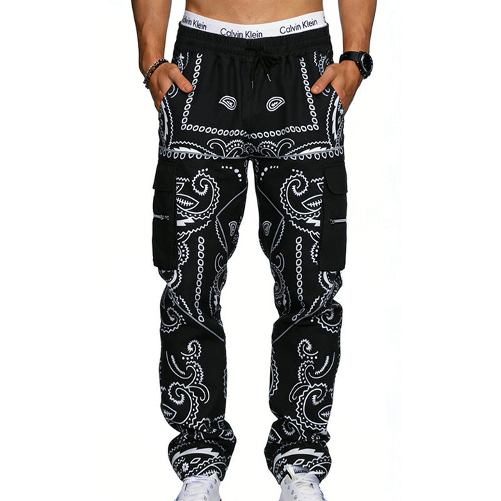 Men's cargo pants with bandana print, elastic waistband, and zipper pockets Mune Fashion