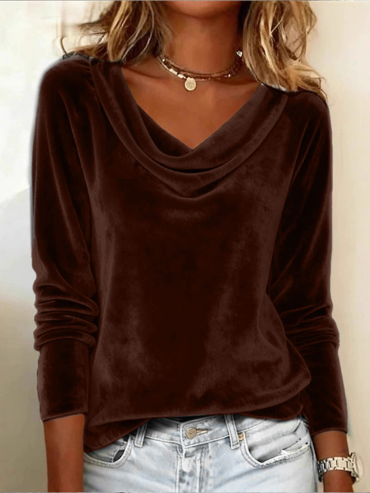 Women Velvet Long Sleeve with Waterfall Collar and Casual Cut Mune Fashion