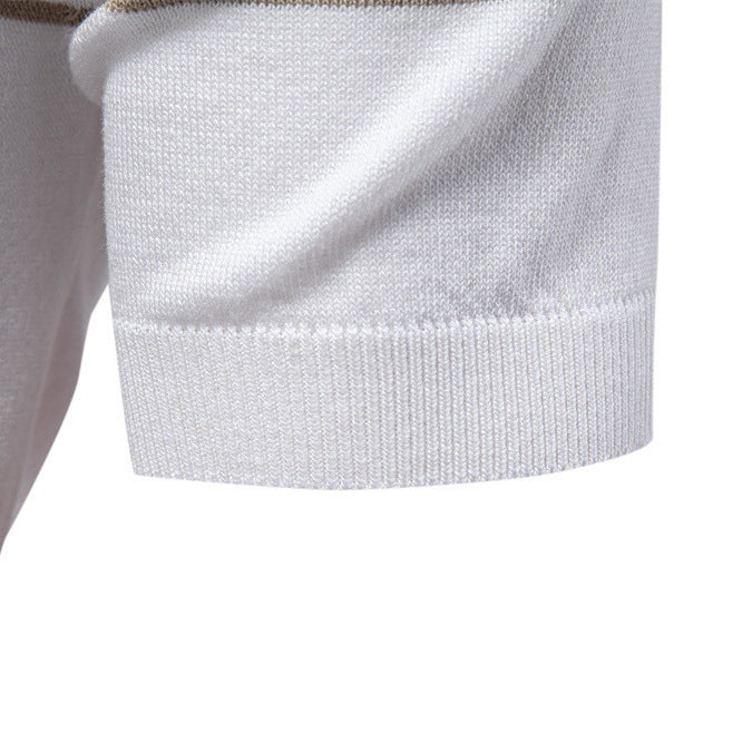 Men's noble fine-knit polo shirt with short metal zipper, cuffed sleeves, and contrasting striped bands Mune Fashion