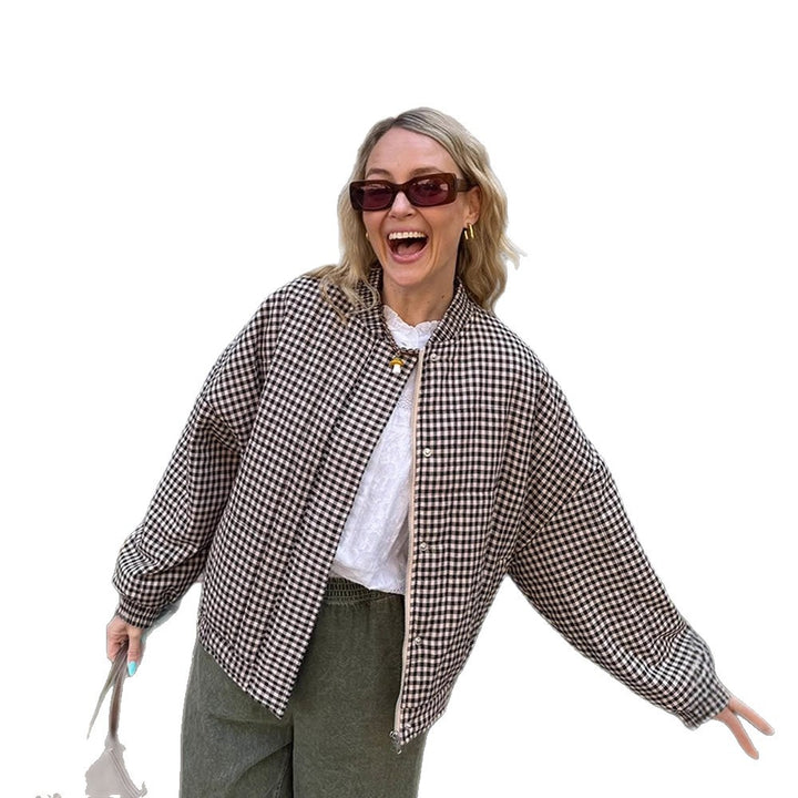 Women's Oversize Checked Bomber Jacket with Standing Collar and Concealed Snap Placket Mune Fashion