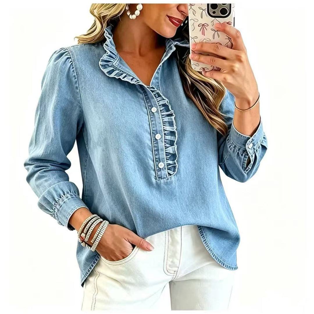 Ladies Denim Blouse with Ruffled Collar and Puff Sleeves Mune Fashion