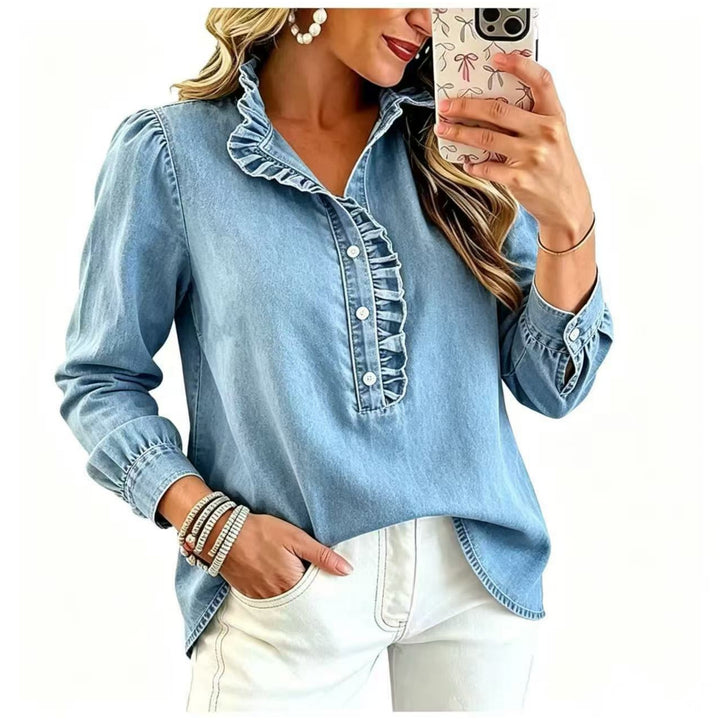 Ladies Denim Blouse with Ruffled Collar and Puff Sleeves Mune Fashion