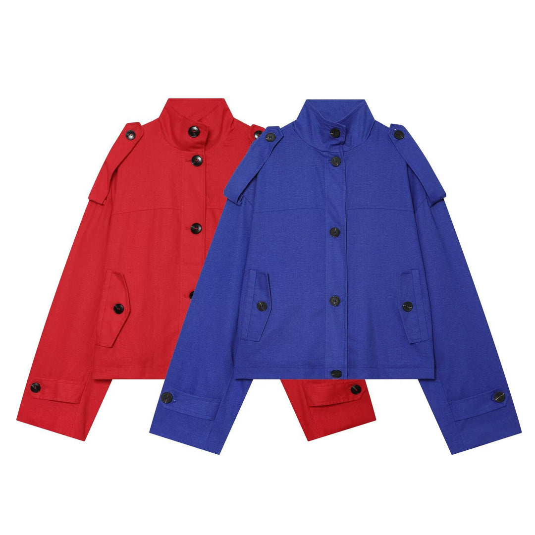 Women's short jacket with stand-up collar, shoulder straps and button closure Mune Fashion