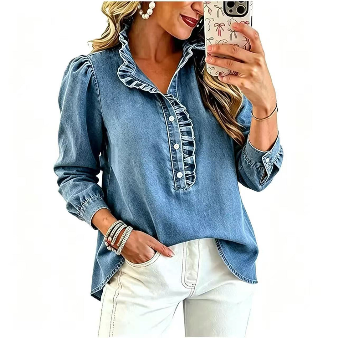 Ladies Denim Blouse with Ruffled Collar and Puff Sleeves Mune Fashion