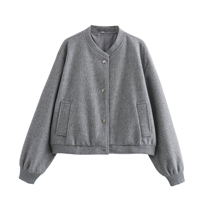 Women’s Oversized Bomber Jacket in Wool Blend with Snap Closure and Ribbed Hem Mune Fashion