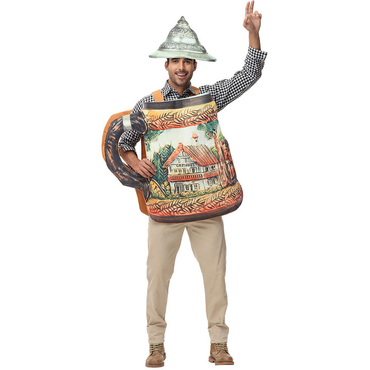 Men's humorous beer mug costume with removable lid and adjustable carrying straps Mune Fashion