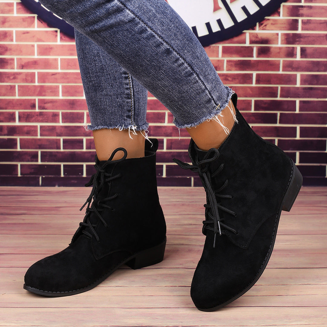 Women’s ankle-high lace-up ankle boots with a soft suede look, practical pull tab, and low block heel Mune Fashion