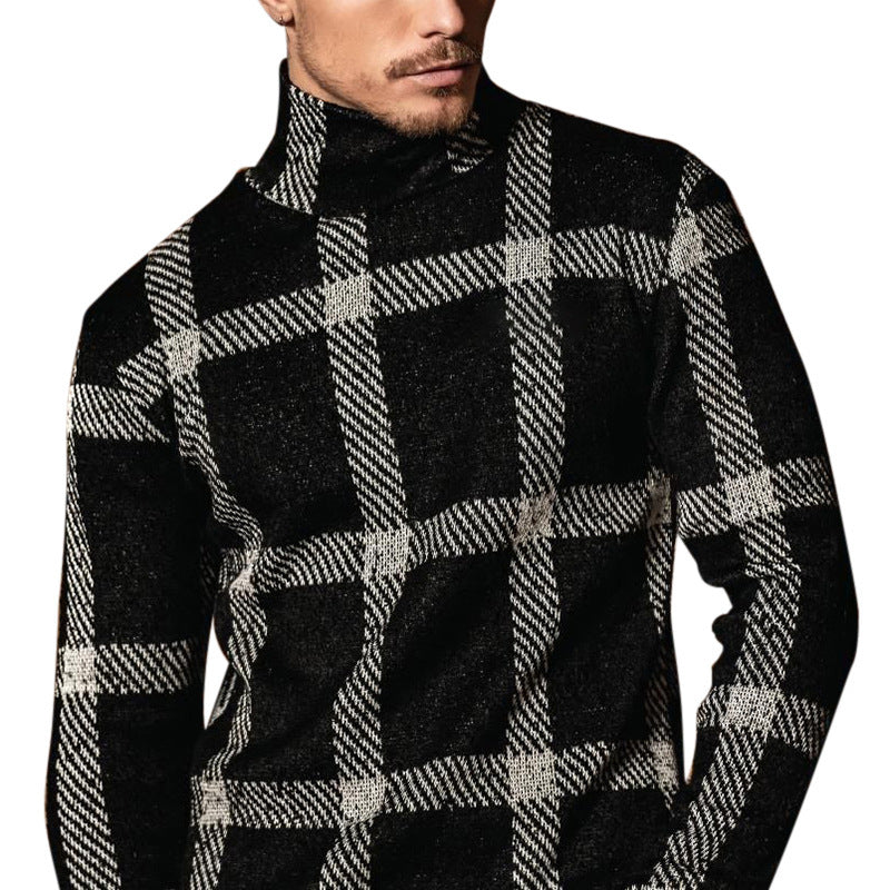 Men's Coarse Knitted Turtleneck Sweater with Distinctive Check Pattern Mune Fashion