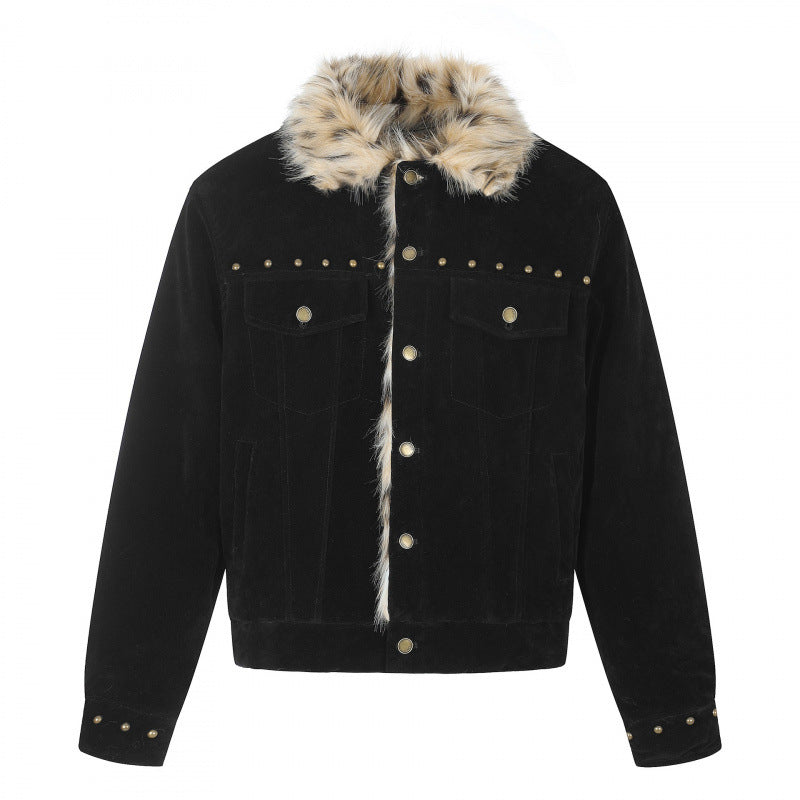 Men's short jacket made of suede leather imitation with faux fur collar and stud details Mune Fashion