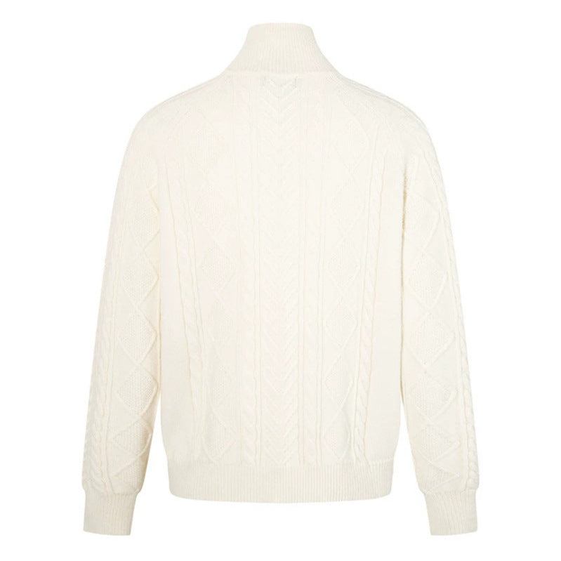 Women's Cable Knit Pullover with Short Zipper and Stand-Up Collar Mune Fashion