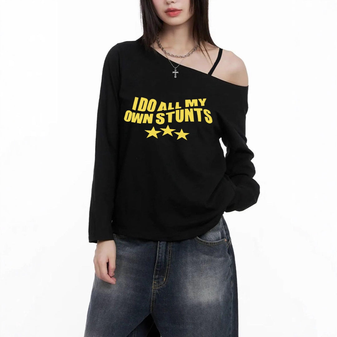 Women casual asymmetrical off-shoulder long sleeve shirt with eye-catching statement print and loose oversized fit Mune Fashion