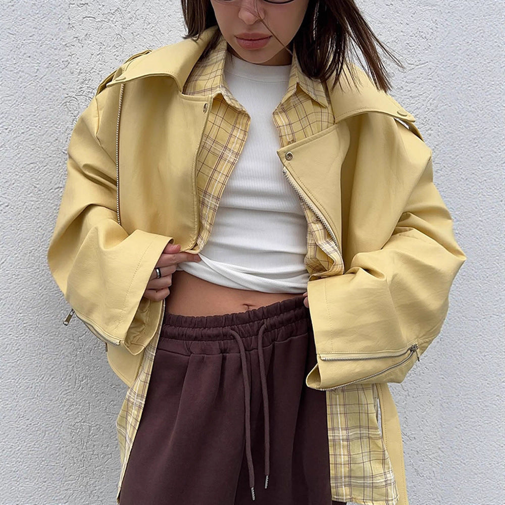 Women Oversized Biker Jacket made of vegan leather imitation with large lapels and waist belt Mune Fashion