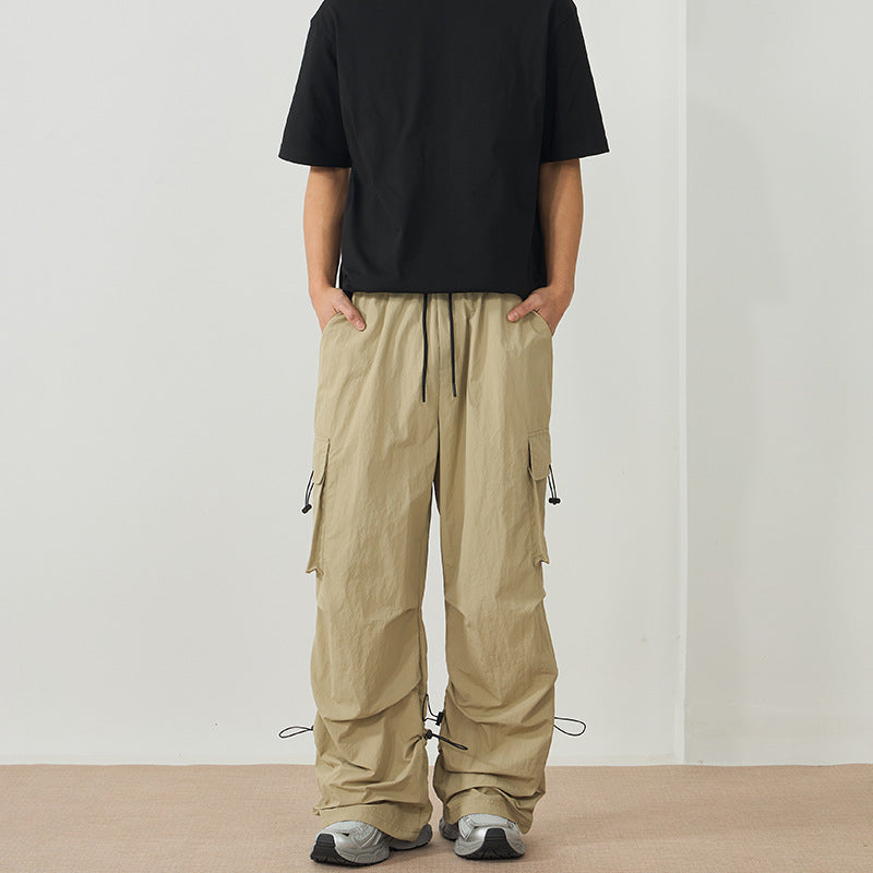 Men's Wide Nylon Cargo Pants with Adjustable Hem Drawstrings and Drawstring Waist Mune Fashion