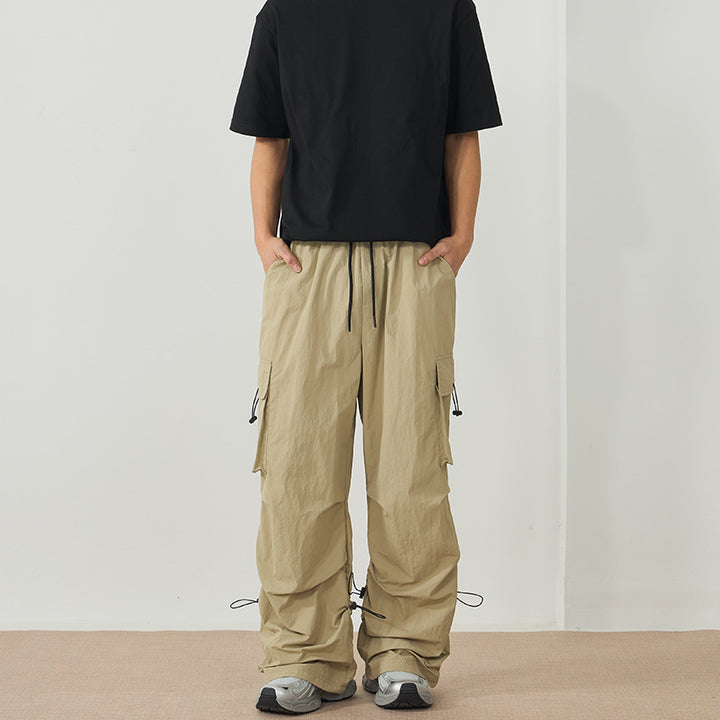 Men's Wide Nylon Cargo Pants with Adjustable Hem Drawstrings and Drawstring Waist Mune Fashion