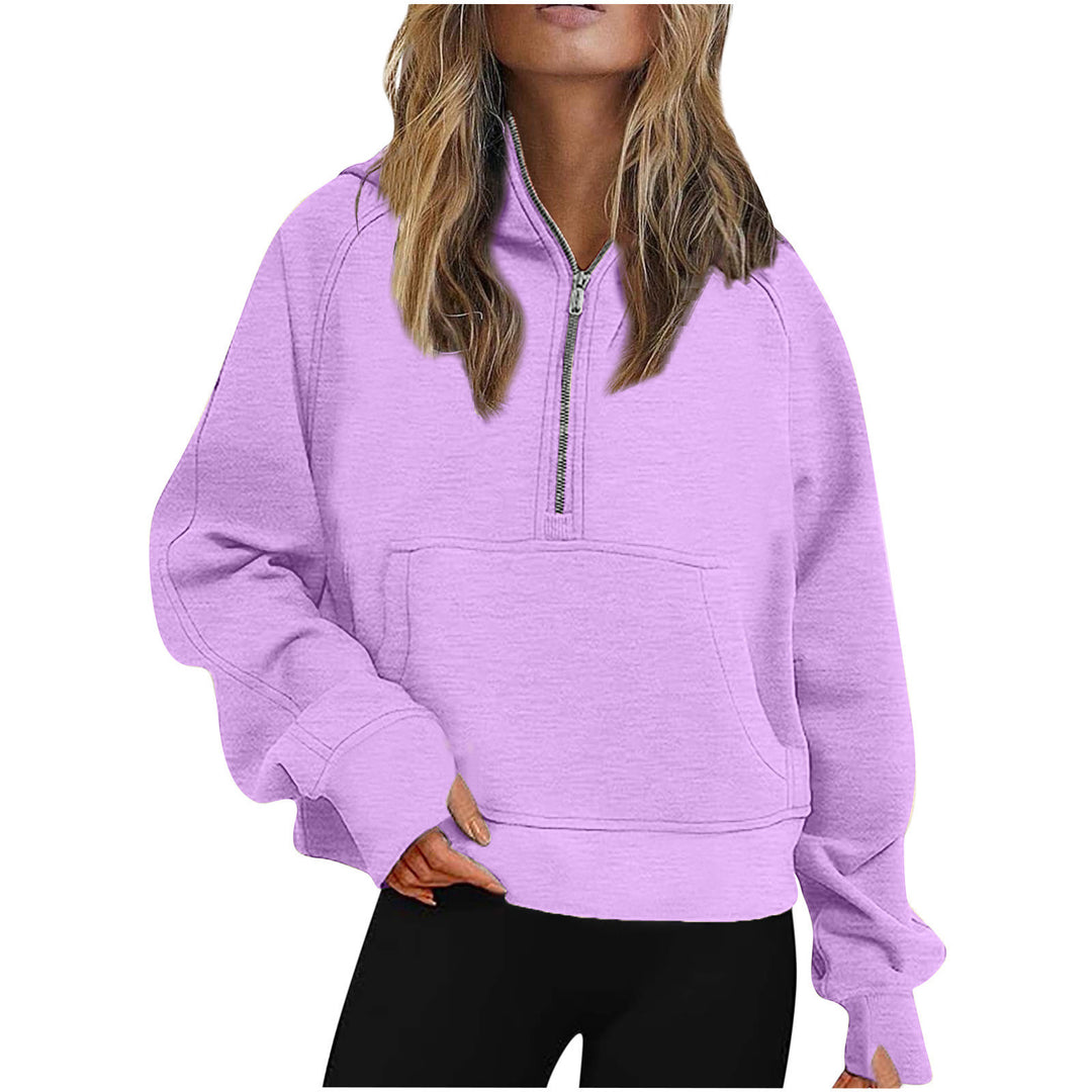 Women Oversize Half-Zip Hoodie with Kangaroo Pocket & Thumb Hole Mune Fashion