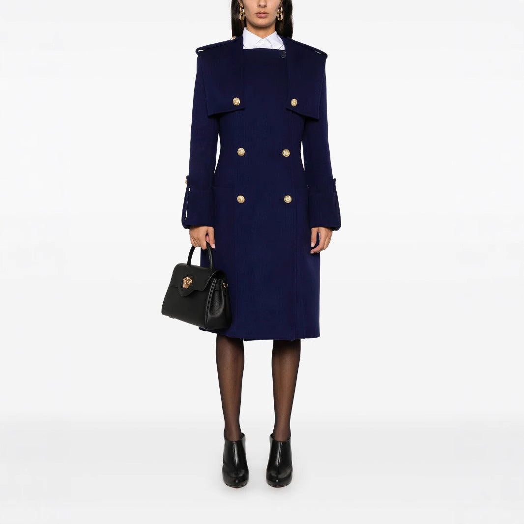 Women's Double-Breasted Coat with Cape Insert, Epaulettes and Decorative Straps Mune Fashion