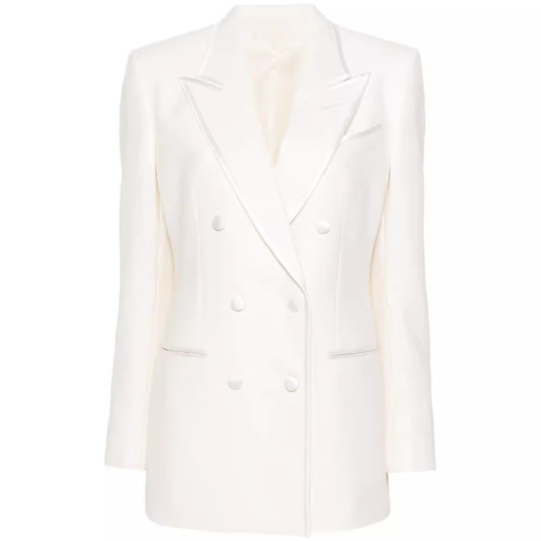 Women's Double-Breasted Long Blazer Pantsuit with Marlene Wide Leg Pants and Slim Silhouette Mune Fashion
