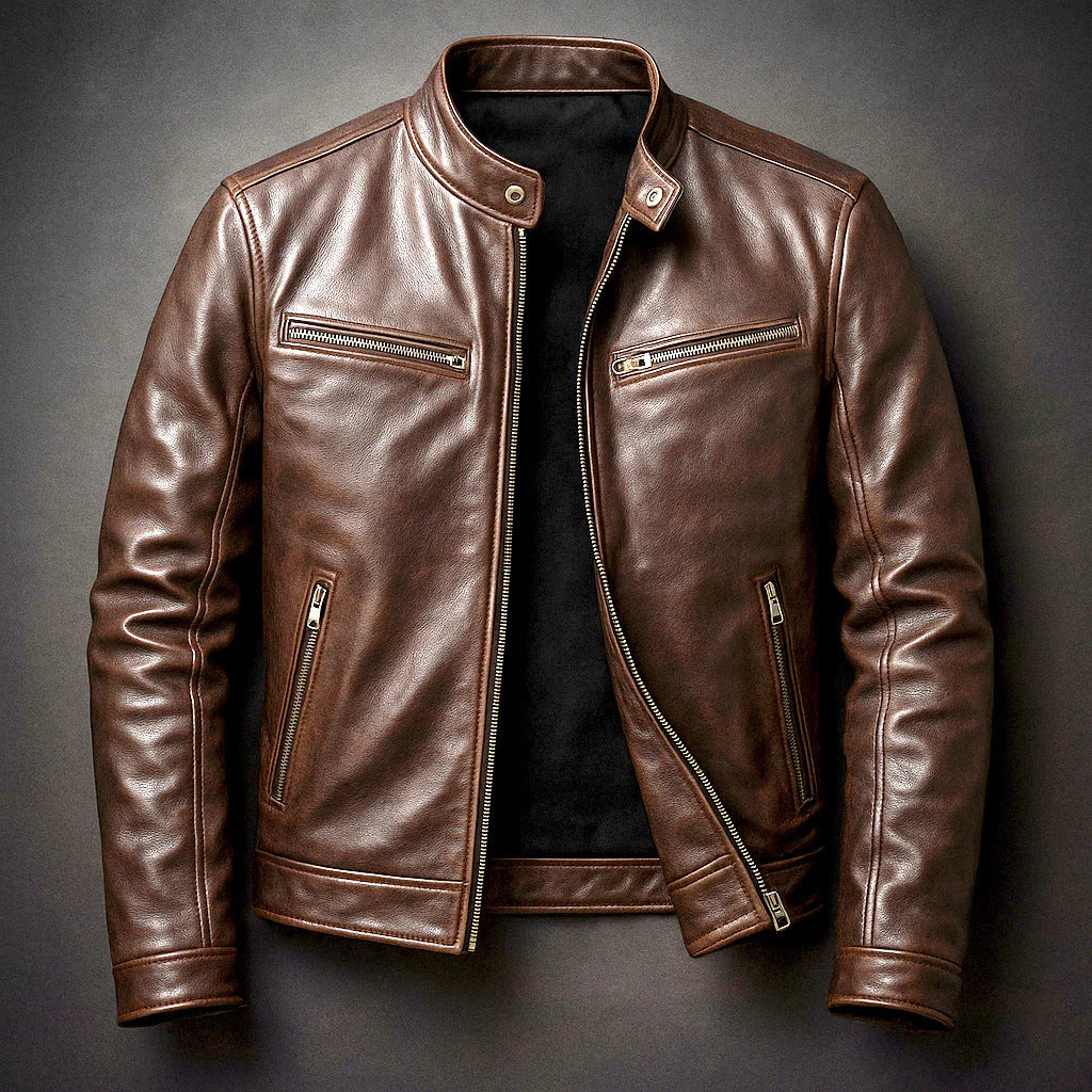 Men's Slim Fit Biker Leather Jacket made of Nappa Leather with Stand Collar and Zipper Mune Fashion