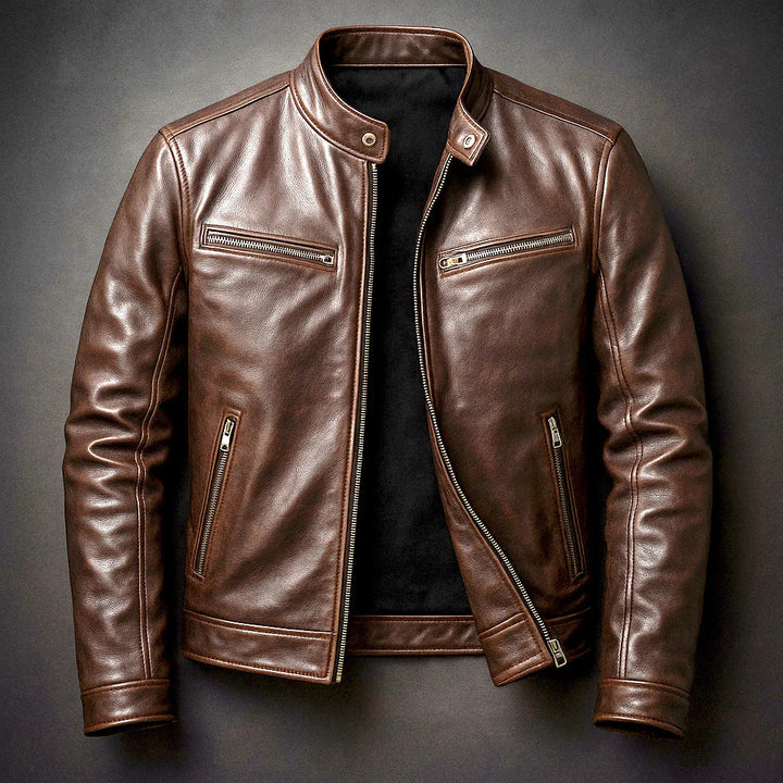 Men's Slim Fit Biker Leather Jacket made of Nappa Leather with Stand Collar and Zipper Mune Fashion