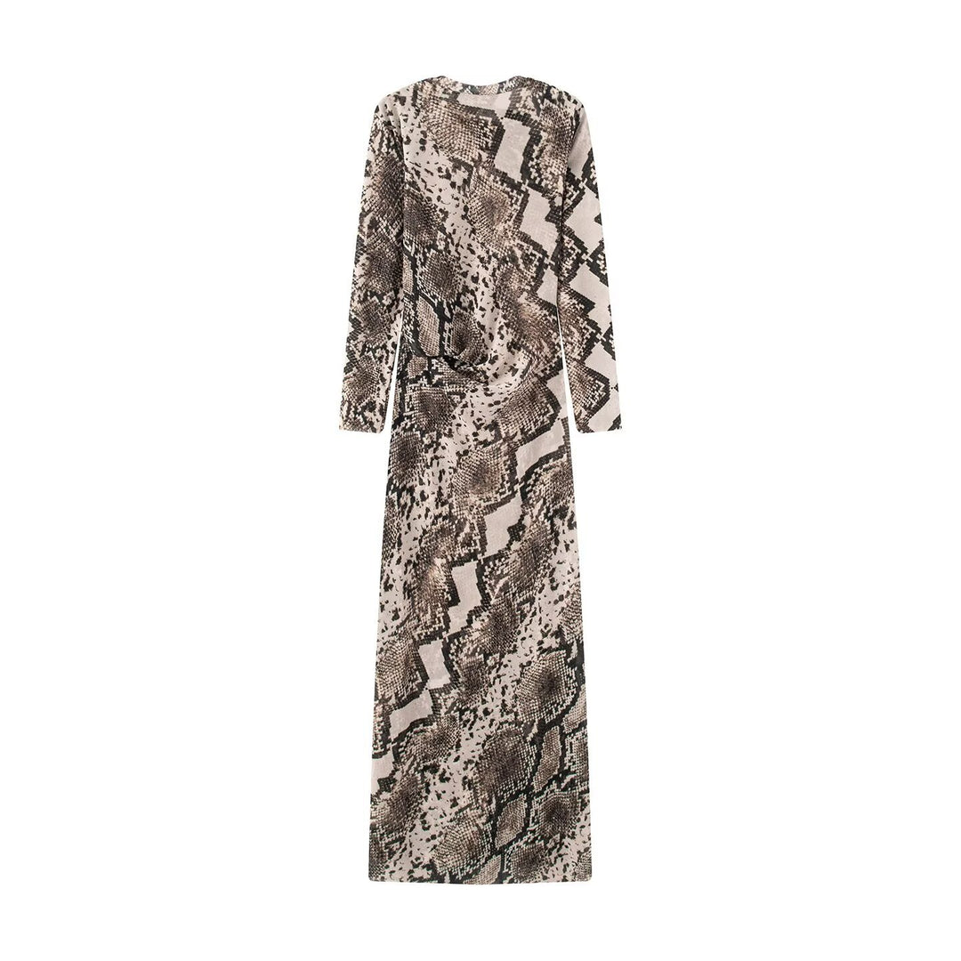 Women Long Bodycon Maxi Dress with Round Neck and Snake Print Mune Fashion