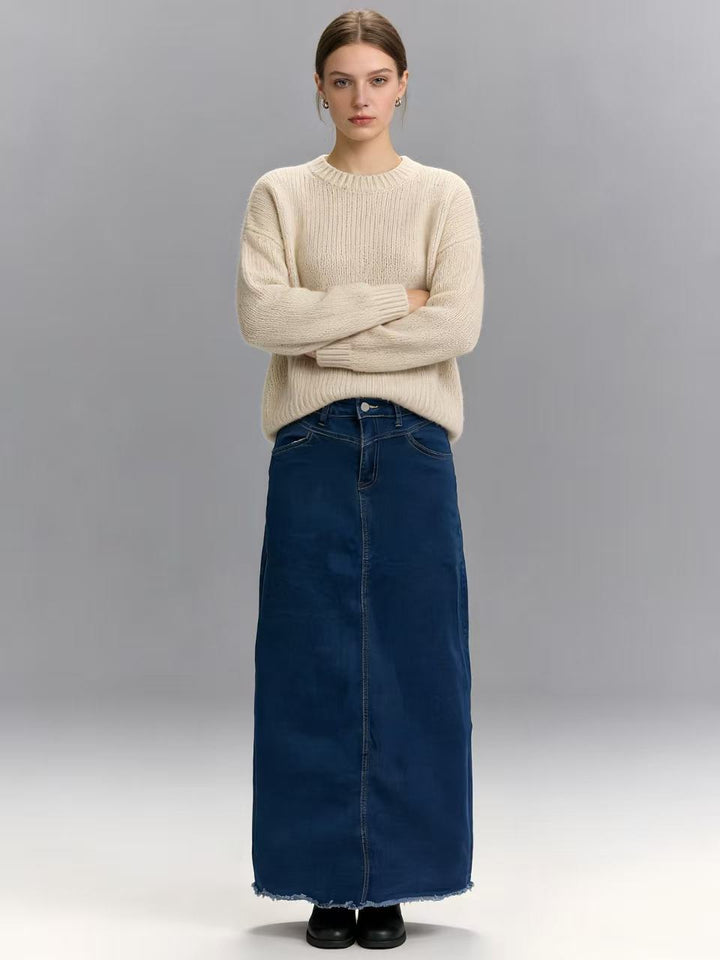 Ladies nan longer High-Waist Denim Maxi Skirt with straight silhouette and raw hem Mune Fashion