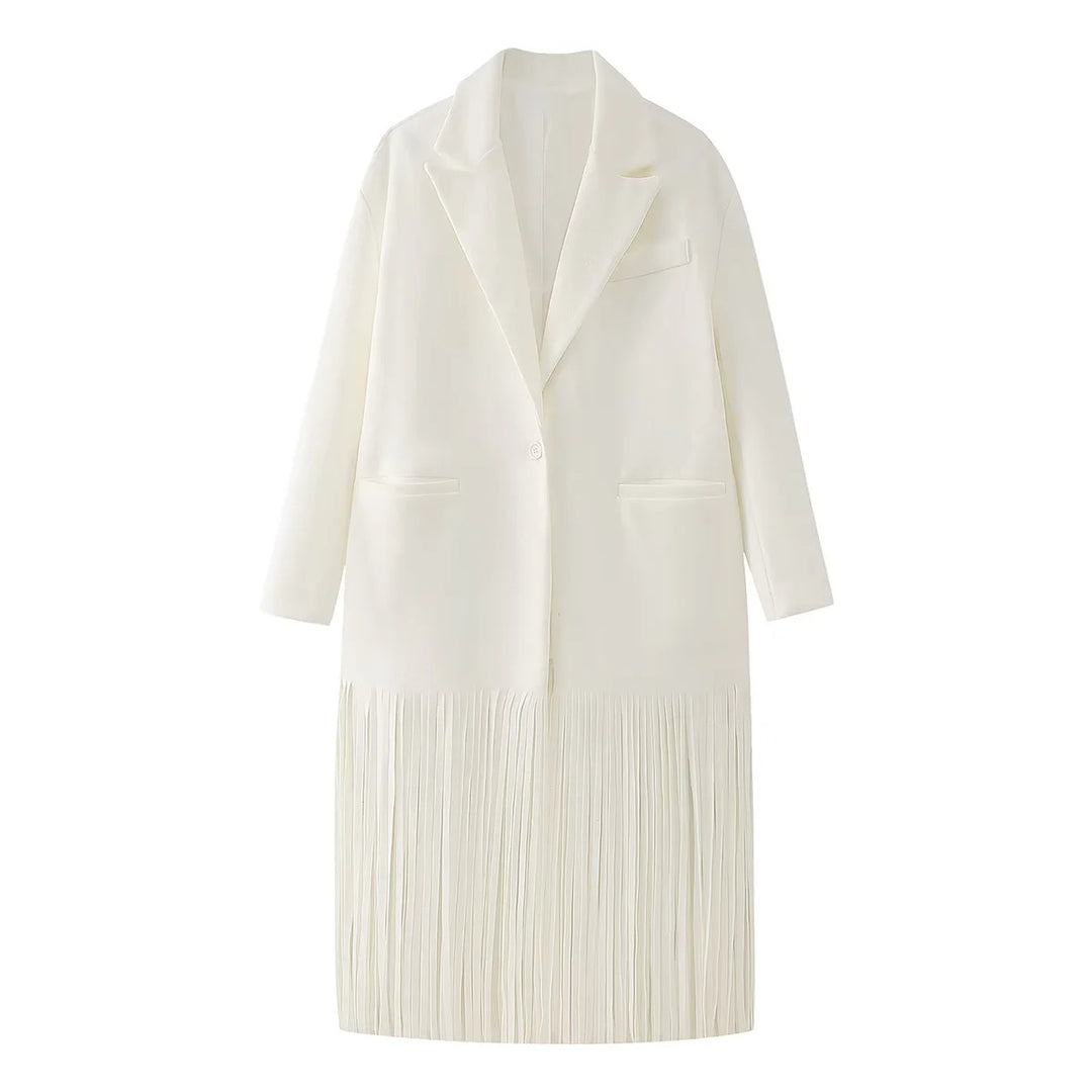 Women long fringed blazer coat with pleated hem, lapel collar and patch pockets Mune Fashion