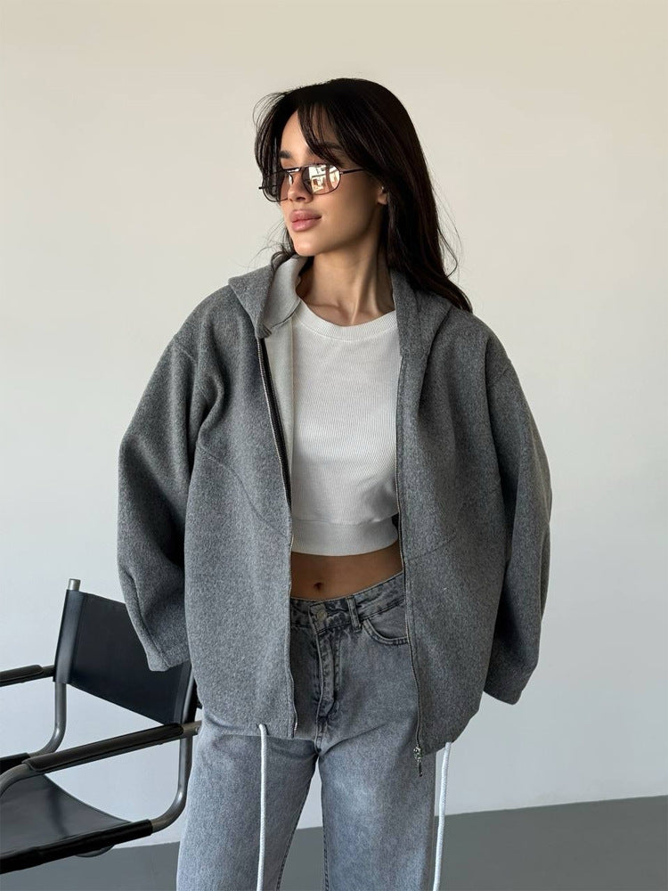 Women's Oversize Hoodie Jacket with Zipper and Drawstring Hem Mune Fashion