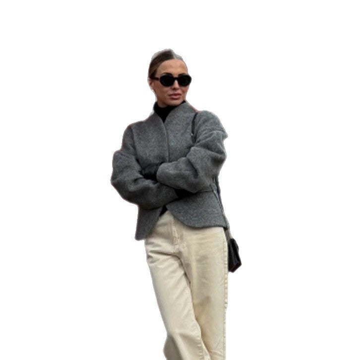 Women's Short Wool Jacket with Balloon Sleeves and Boxy Silhouette Mune Fashion