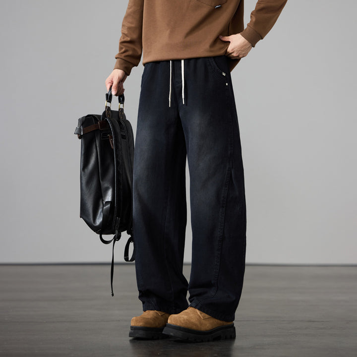 Men's Wide Cotton Drawstring Pants in Vintage Wash Look Mune Fashion