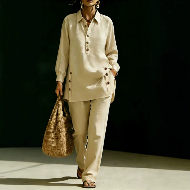 Women's Lightweight Oversized Shirt Tunic with Decorative Buttons and Straight Leg Trousers Mune Fashion
