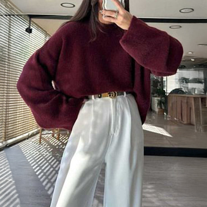 Women's cozy oversized knit pullover with round neckline and voluminous balloon sleeves Mune Fashion