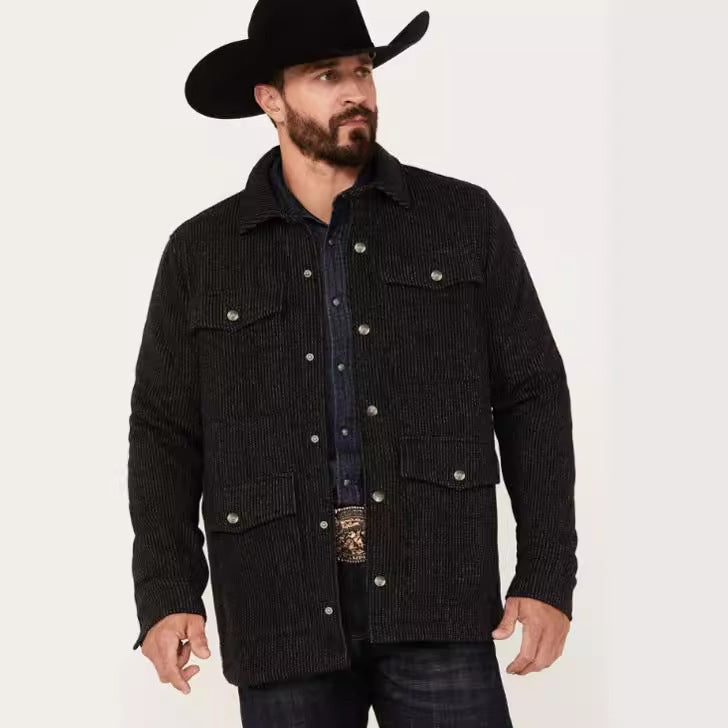 Men's Ribbed Cord Jacket with Flap Pockets and Shirt Collar Mune Fashion