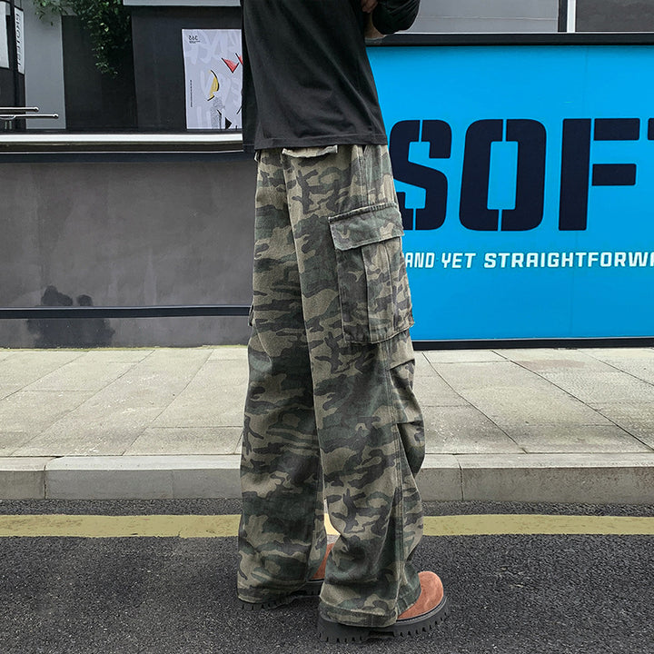 Men's Loose Camouflage Cargo Pants with Drop Crotch, Multi-Pockets and Elastic Waistband Mune Fashion