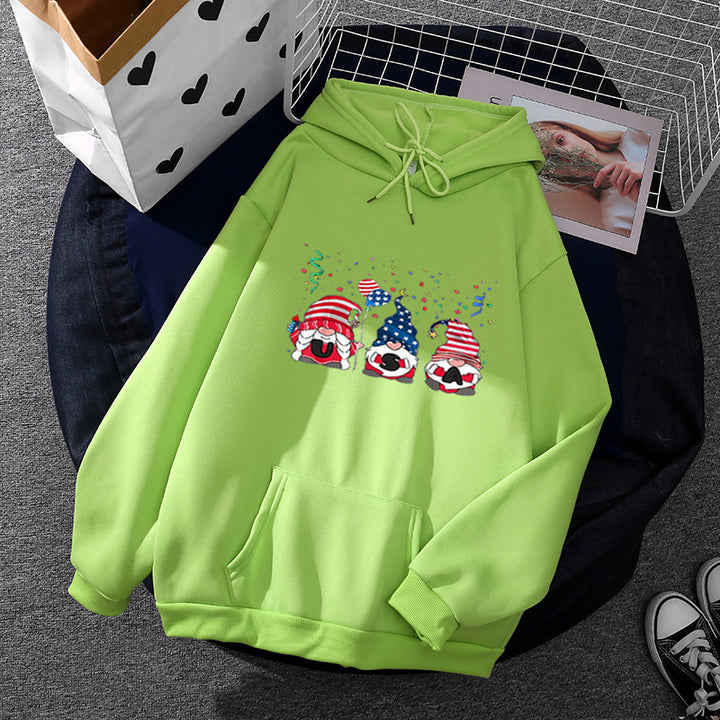 Women's hoodie with patriotic garden gnome print, brushed fleece lining, oversized cut, and kangaroo pocket Mune Fashion